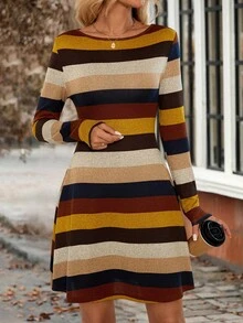 EMERY ROSE Women's Casual Colorblock Striped Mini Dress,Golden Yellow Autumn Long Sleeve Earth Tone Outfits,90s Retro School Back-To-School Halloween Costume - Multicolor - View 5