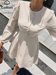 Chiquease French Style Round Neck Button Front Cotton Striped Lantern Sleeve Dress For Women Fall Cloth For Women - Apricot - View 6