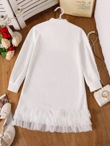 Vestido casual solto com decote alto e manga comprida, cor sólida, patchwork, babados e bainha