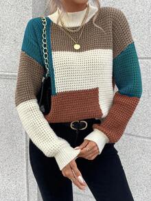 SHEIN LUNE 女士撞色高领落肩长袖针织休闲宽松套头衫秋季毛衣女毛衣套头衫针织上衣拼色毛衣 - 彩色 - 查看 4