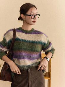 Dazy-Less 女士休闲宽松条纹落肩针织毛衣