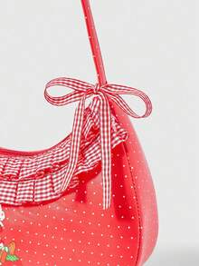 Strawberry Shortcake | ROMWE Women's Fashion Polka Dot & Strawberry Print Ruffle Shoulder Bag, Strawberry - Red - View 5