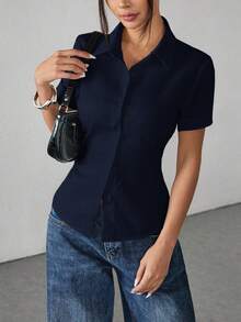 SHEIN PETITE White Women's Shirt Waist Cinch Pleated Short Sleeve Shirt