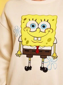 SpongeBob SquarePants | SHEIN 女士休闲卡通图案宽松落肩卫衣，秋季 - 杏色 - 查看 7