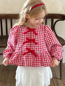LMoss Kids 女童 LMoss 编织条纹泡泡袖休闲衬衫，红色衬衫，圣诞节，长袖上衣 - 紅白色 - 查看 3