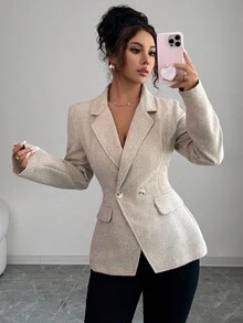 Siren Gaze 女士优雅双排扣西装外套，通勤必备，适合通勤、秋季、冬季、商务休闲、办公室、工作场合，商务职业女性适用，粗花呢西装外套，修身腰部设计，通勤百搭，简约风格，办公室必备，复古韵味，简约棕色 - 卡其色 - 查看 7
