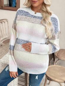 SHEIN Maternity Drop Shoulder Striped Casual Knit Pullover Sweater - Multicolor - View 4