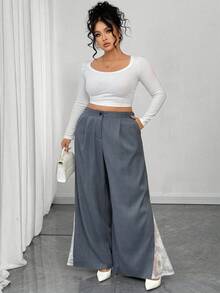 Elenzga 大码女式新款优雅通勤蕾丝拼接阔腿裤 - 淺灰色 - 查看 4