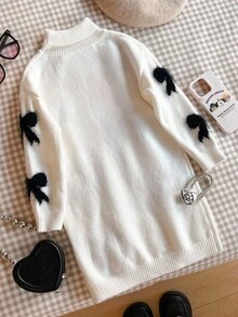 SHEIN 少女蝴蝶结装饰高领长袖休闲针织连衣裙，秋冬 - 黑與白 - 查看 2