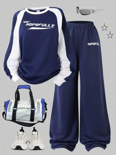 Sparklyn 2 件套青少年女孩运动休闲装，拼色圆领长袖字母印花运动衫和阔腿裤