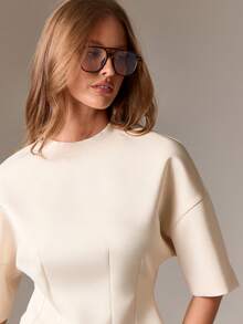 AiiRZ Lantern Sleeve Peplum T-Shirt Round Neck Short Sleeve Top Structured Design Casual Blouse - Apricot - View 5