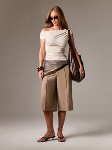 AiiRZ Off Shoulder Ruched Asymmetric Top With Short Sleeves For Casual Everyday Wear