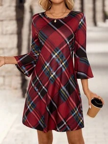 EMERY ROSE 女士格子圆领喇叭袖休闲宽松中长连衣裙 - 紅色 - 查看 3