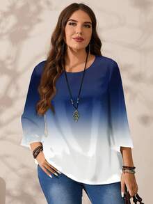 Mellowie 大码女式全身印花宽松圆领 3/4 袖休闲衬衫，秋冬 - 藍色 - 查看 6