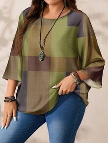 EMERY ROSE 大码女式休闲全身印花圆领宽松 3/4 袖衬衫，秋冬款 - 杏色 - 查看 4