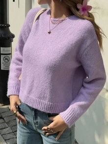 Livesso 女士日常休闲纯色落肩毛衣秋季 - 紫色 - 查看 6
