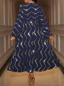 Cravure Vestido largo con cuello en V cruzado, cintura recogida, mangas farol, estampado aleatorio con lámina, cintura con lazo para mujer - Azul Marino - Ver 2