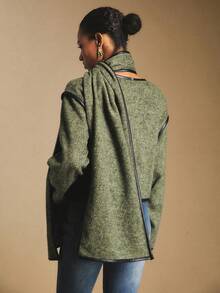 Poéselle Cappotto con profili a contrasto verde oliva con sciarpa, stile "old money", essenziale per il capsule wardrobe, idee autunnali, moda dark academia, cappotto chic preppy, cappotto corto da donna con bordi a contrasto, autunno/inverno - Verde militare - Visualizzare 2