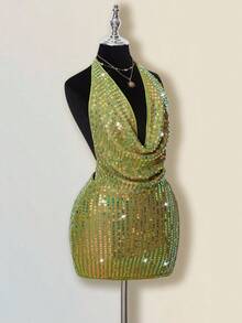 SHEIN ICON 女式性感火辣千禧风格 Y2K 现代时尚个性前卫复古晚会宴会夜总会装摆领露背绿色亮片修身迷你连衣裙 - 綠色 - 查看 7