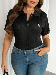 SHEIN Privé 大码套头针织上衣，白色短袖针织 Polo 领毛衣，修身套头针织上衣 - 黑色 - 查看 1