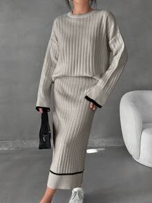 EURMUSE 女士条纹细节毛衣长裙套装 - 米色 - 查看 6