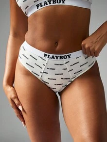 Missguided x Playboy 印花高腰弹力内裤，带标志印花，贴身内衣，基础款，弹力舒适，日常穿着，时尚 - 黑與白 - 查看 4