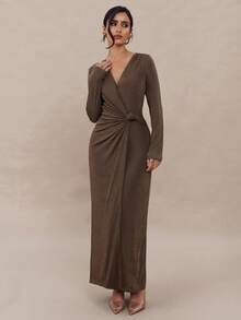 Modelyn Women's Solid Color Minimalist V-Neck Long Sleeve Dress, Casual Everyday Wear  Winter Dresses For Women   Wedding Guest Dress Elegant - Brown - View 6