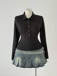 Sweetra Plus Size Women Vintage Casual Street Style Collared Button-Up Shirt, Sexy Solid Textured Long Sleeve Tee For Commute, Daily Wear, Back To School, Halloween, Layering Fall Cloth For Women - Black - View 6