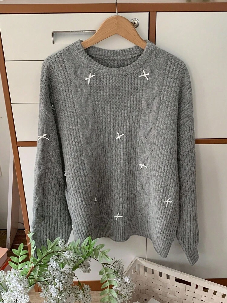 Women's Casual Cable Knit Twist Bow Solid Color Crew Neck Long Sleeve Sweater, Spring/Autumn
