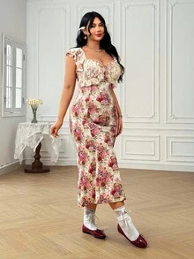 Dreamara Plus Size Women's Romantic Vintage Lace Cap Sleeve Floral Print Cinched Waist Maxi Dress, Spring,Beach Dress Sundress,Holiday Outfits Boho - Multicolor - View 3