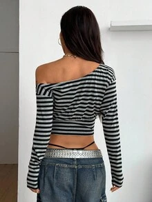 Coolane Tricou de damă pentru iarnă/toamnă, streetwear, ieșiri în oraș, vintage, casual, punk, Gyaru, cu dungi, elastic, negru, slim fit, cu guler asimetric, cu mânecă lungă - Negru - Vizualizare 7