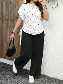 EMERY ROSE 2pcs Casual Polka Dot Pattern Short Sleeve Top And Loose Pants Set, Plus Size, Suitable For Autumn/Summer - Black and White - View 1