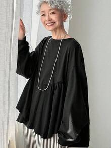 FRIFUL Áo thun nữ tay dài cổ tròn trễ vai màu đen trơn xếp ly dáng rộng thoải mái, phù hợp cho các buổi đi chơi, mùa thu - màu đen - Xem 5