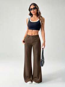 SHEIN PETITE 新款秋冬低腰休闲个性西装裤 - 咖啡棕 - 查看 4