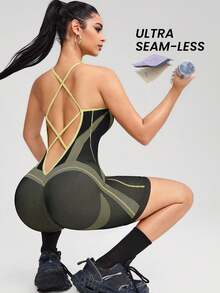 Innovista Mono deportivo sin costuras de dos tonos con sujetador incorporado, almohadillas extraíbles, rayas geométricas de carreras, elástico, yoga, mono de una pieza para gimnasio con recorte de malla, diseño transpirable y de control del abdomen para ejercicios de otoño, ropa de ocio atlético para oficina, gimnasio, trabajo desde casa, running, bicicleta y estilo utilitario chic - Multicolor - Ver 5