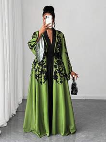 Maweii 大码优雅派对植物印花喇叭袖连衣裙 - 綠色 - 查看 4