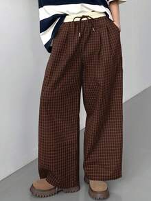 FRIFUL 女士撞色弹力腰抽绳格子直筒裤带口袋休闲裤，秋季款 - 棕色 - 查看 3