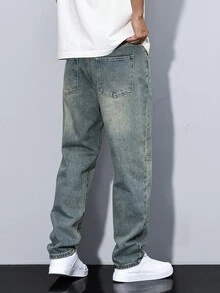 Manfinity Homme Men's Fashionable Simple Casual Denim Jeans, Suitable For Outdoor Recreation, Plain Long Distressed Straight Leg Light Blue Cargo Jeans, For Husband, Boyfriend Gifts Going Out Street College - Blue - View 6