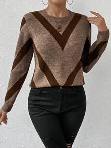 SHEIN LUNE 2024秋冬新款几何条纹套头毛衣棕色条纹毛衣秋季毛衣女毛衣棕色毛衣 - 彩色 - 查看 4
