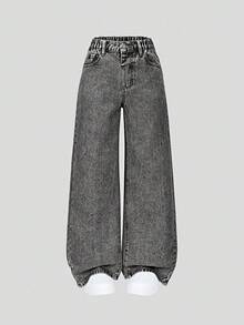 Sparklyn 青少年女孩休闲时尚浅蓝色牛仔色蝴蝶印花宽松阔腿舒适日常百搭校园休闲洗水牛仔裤 - 深灰色 - 查看 2