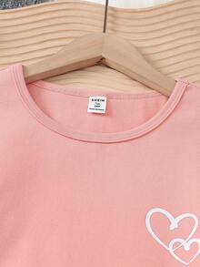 少女粉色圆领长袖和裤子针织舒适柔软弹力面料心形印花设计时尚休闲两件套家居服套装 - 粉色 - 查看 8