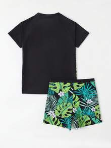 Tween Boy Tropical Print & Letter Graphic Raglan Sleeve Swimsuit Boys Big Kids (8-14 Years) 2-Piece Swim Set: Short Sleeve "SURF" Neon Green Rash Guard T-Shirt & Tropical Leaf Print Beach Shorts Quick Dry UPF 50+ Swim Trunks For Beach Surfing Boys Outfit Sets - Multicolor - View 2