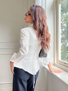 SHEIN EZwear 女士翻领长款休闲简约蝴蝶结印花百搭修身性感复古衬衫，适合秋冬季节、办公室穿着，白色衬衫 - 白色 - 查看 5