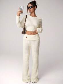 SHEIN ICON Bộ 2 áo thun vải thô họa tiết và quần ống loe cho nữ - trắng - Xem 1