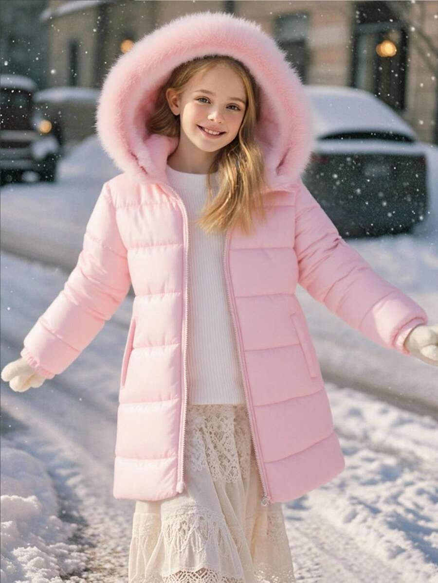 SHEIN 女孩冬季连帽棉服夹克，长袖泰迪熊毛绒内衬，绗缝渐变格纹图案，中长款棉质外套，时尚百搭，搭配裤子、运动裤、连体裤、运动衫、连帽衫、粉色连帽仿皮草装饰中长款棉质外套 - 粉色 - 查看 1