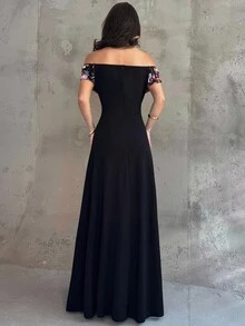 Aloruh 女士花卉亮片露肩连衣裙，优雅迷人 - 黑色 - 查看 3
