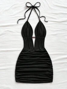 Vestido mini  para mujer con escote en V profundo, tirantes de lazo y espalda descubierta, corte ajustado y fruncido, elegante, negro, para verano, club, playa, vacaciones, fiesta, oto - Blanco - Ver 9