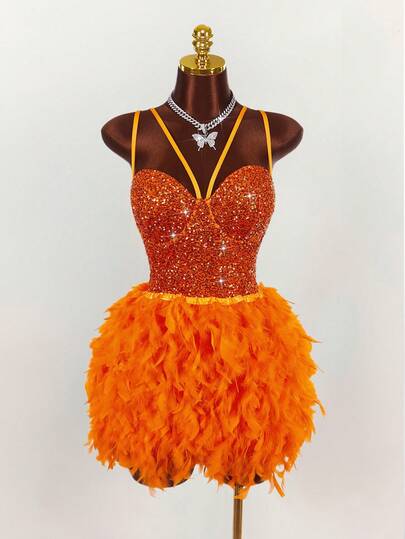 Amplova Plus Size Women Halloween Elf Cosplay Sequin & Feather Decor Dress Sequin Dance Dress