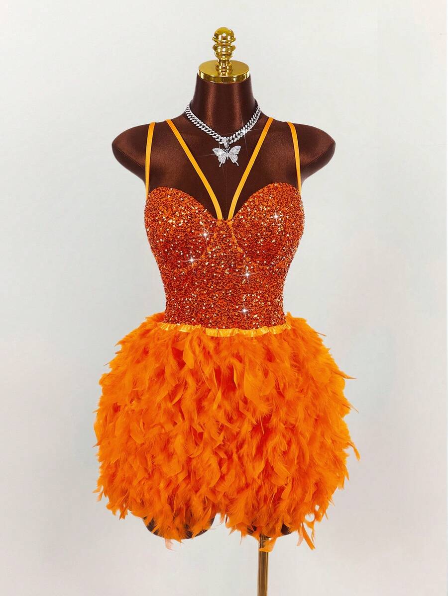 Amplova 大码女式万圣节精灵角色扮演亮片羽毛装饰连衣裙 - 橘色 - 查看 1