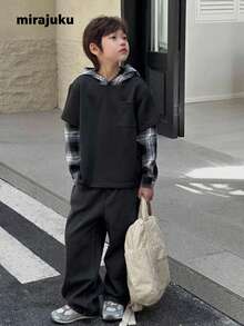 Mirajuku 男童休闲街头格子拼接连帽套头衫，适合秋冬季日常通勤穿着 - 黑色 - 查看 6